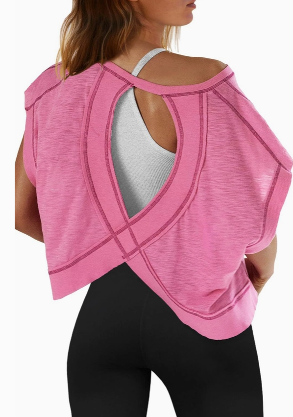 Cutout Back Short Sleeve Workout Top - Pink image 0