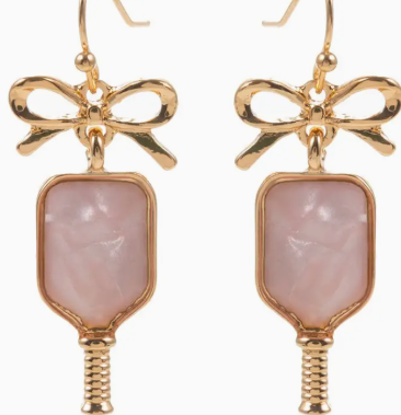 🎀 Pickleball Paddle Drop Earrings – Pearl & Gold Bow Edition image 1