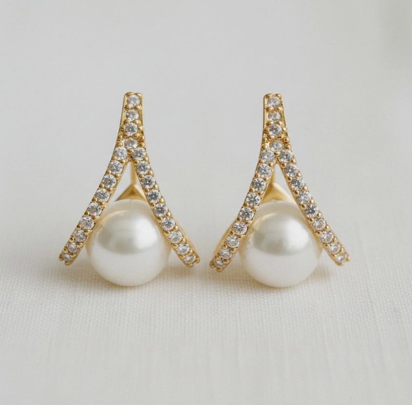 Vintage Inspired Pearl and Cubic Zirconia Cross Stud Earring image 0