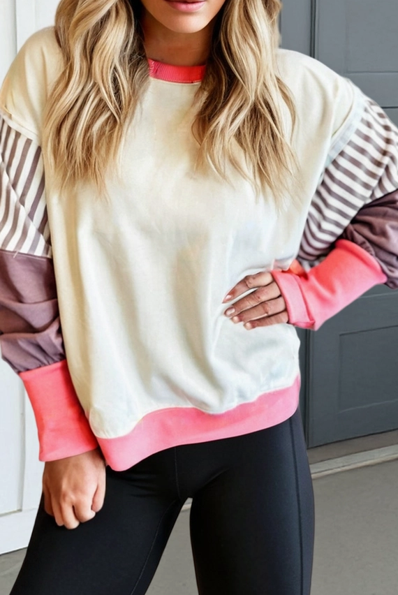 Pink Striped Patchwork Slit Sweatshirt image 0