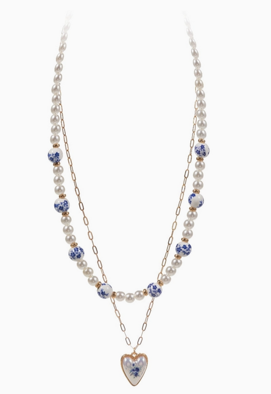 Blue Floral Porcelain & Pearl Layered Necklace – Gold image 1