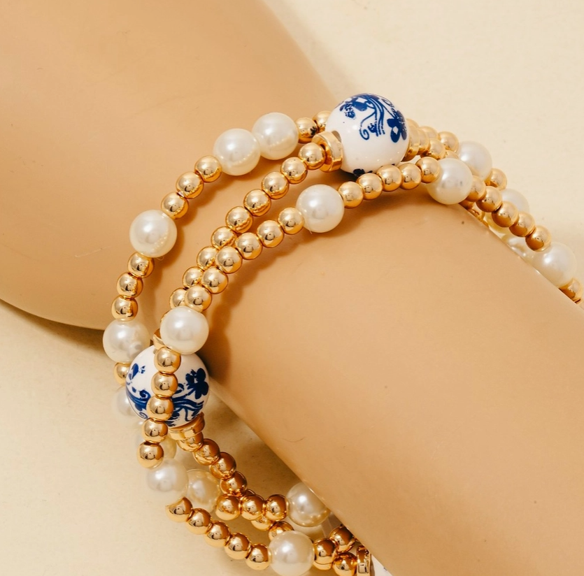 Blue Porcelain & Pearl Beaded Bracelet Set 💙✨ image 1