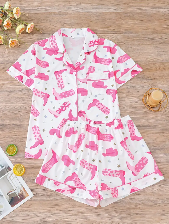 💖 Howdy, Dreamer! White & Pink Cowgirl Boot Pajama Set image 0
