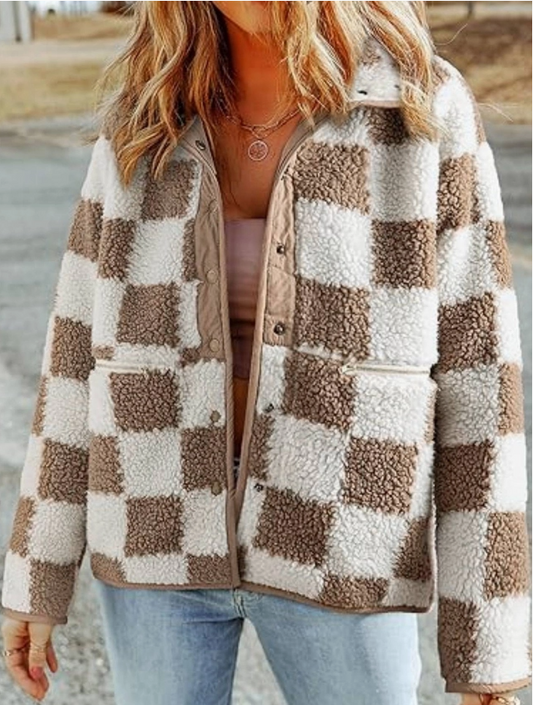 Brown Checkered Sherpa Jacket image 0