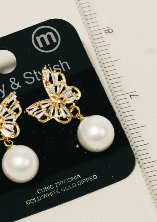 Butterfly Pearl Drop Earrings – Gold Dipped image 1